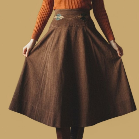 Vintage Dresses & Skirts - SM Real Suede Brown A-Line Skirt Vintage Genuine Leather Diamond Marquis